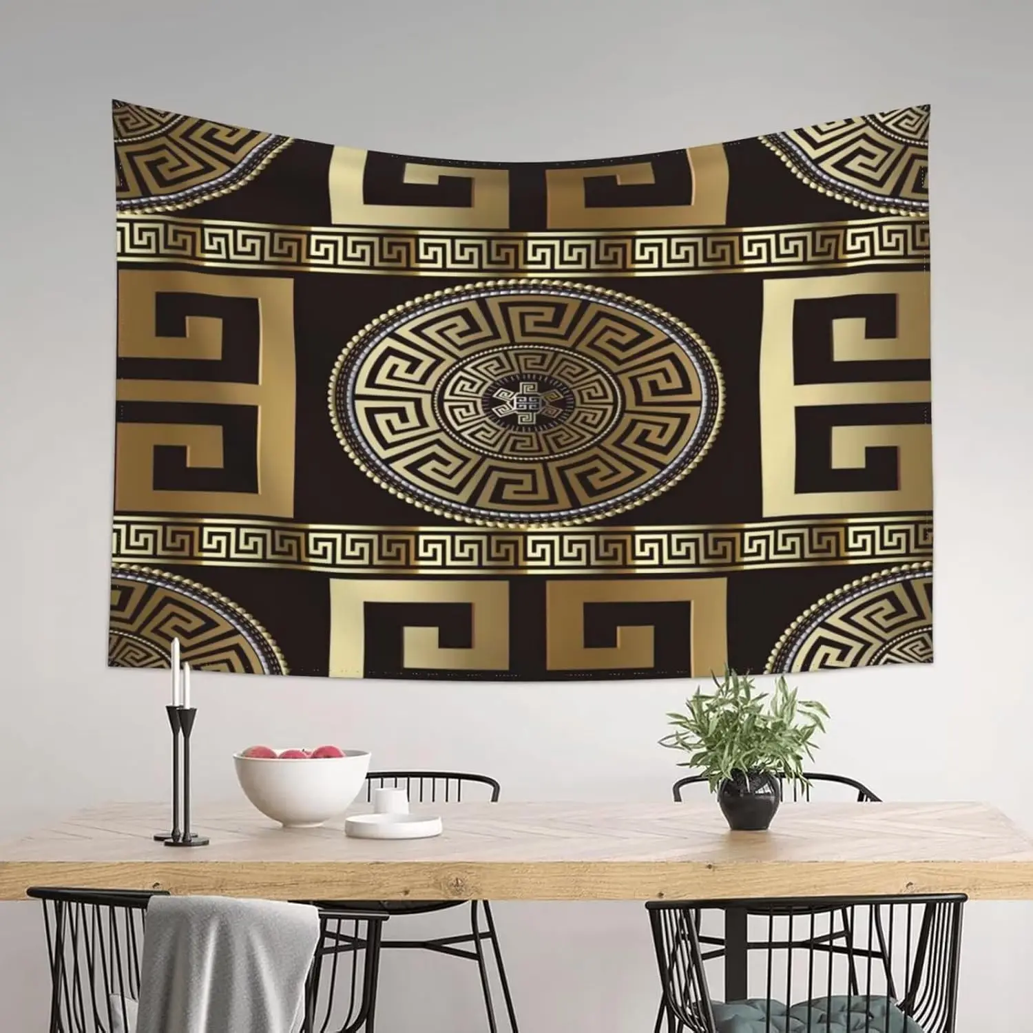 Greek Key Pattern Tapestry Black and Gold 3D Retro Medallion Wall Hanging, Greek Meander apestrise for Living Room Bedroom Dorm