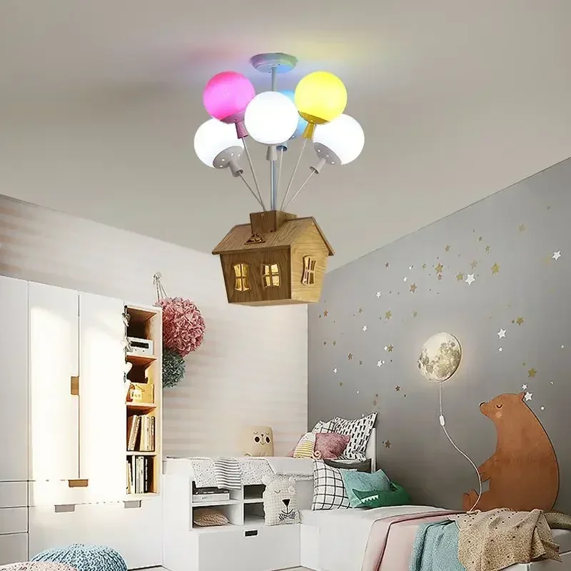 Minimalist Bauhaus Romantic Wooden House Balloon Creative LED Home Ceiling Lights Lamps for Living