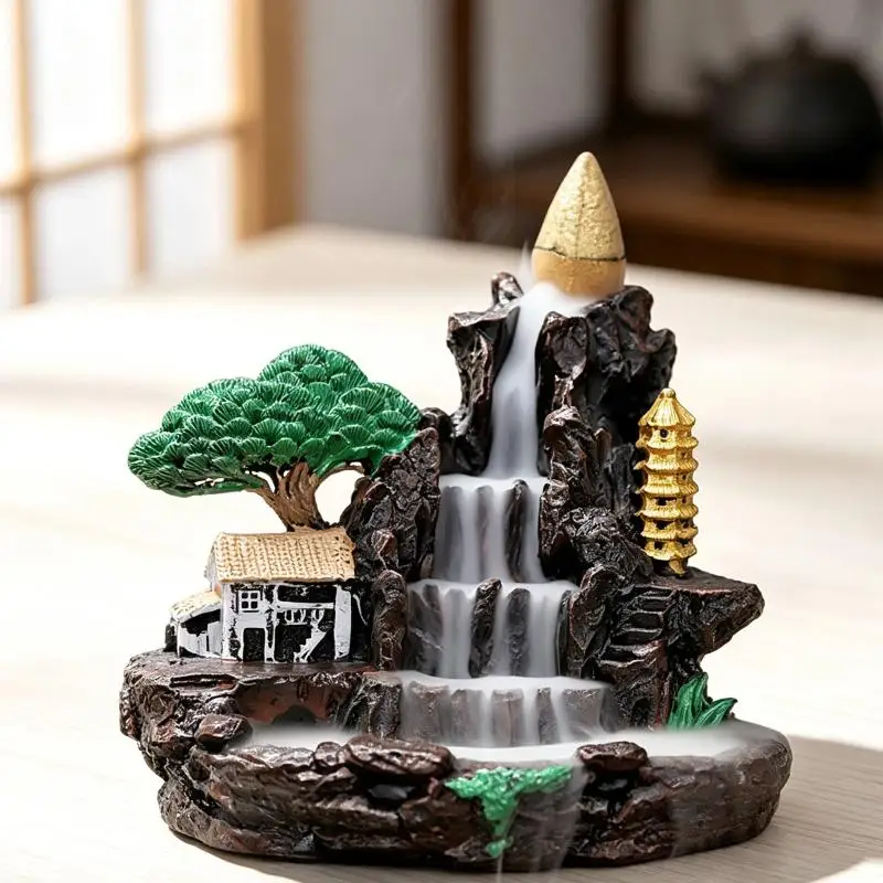 Handmade Resin Backflow Incense Burner Waterfall Mountain Design 1Pcs Portable for Travel Yoga Spa Daily Use