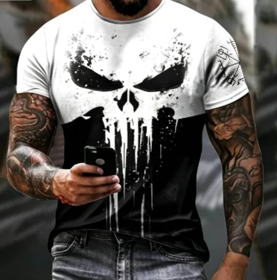 Herren Gothic T-Shirt mit Tintenklecks-Schädel-Druck auf der Vorderseite, Kurzarm-Pullover für den Alltag – Detail 1