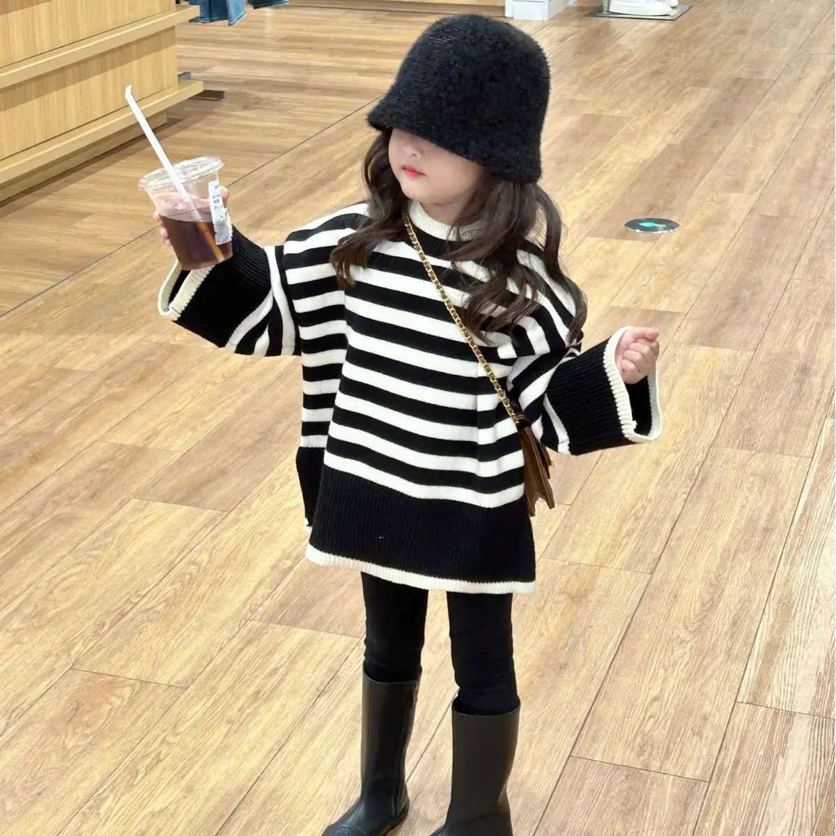 Girl Sweater 2023 Winter New Korean Style Children Clothing for Girl Thick Striped Wide Sweater Baby Round Neck Pullover Sweater