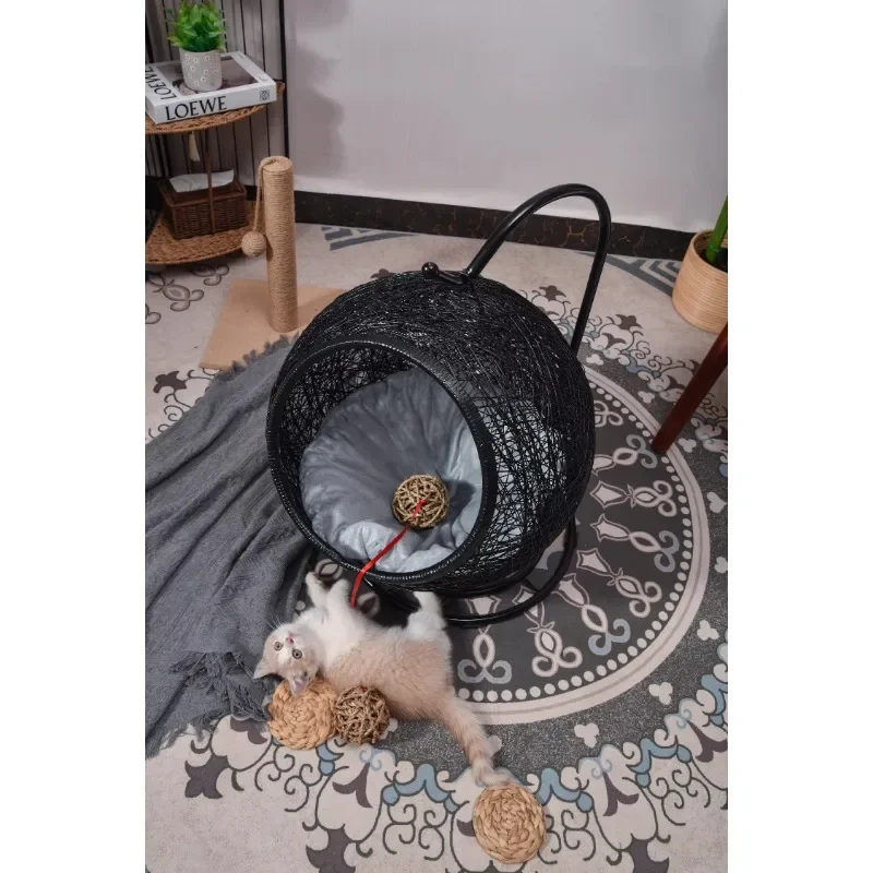 Paper Rope rattan Woven Hanging Hammock Egg Chair Lounge Soft Deep Cushion with Hammock Stand for Cat Dog Pet Basket
