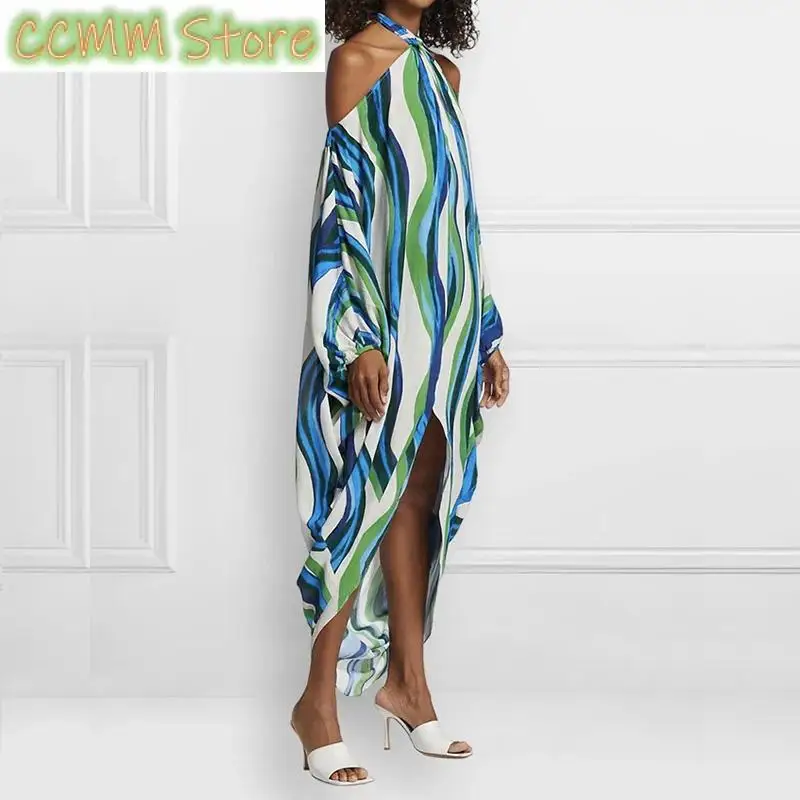 Summer Tie-up Backless Halter Beach Party Dress Fashion Long Sleeve Slits Dress Sexy Women Wave Striped Print Boho Chiffon Dress