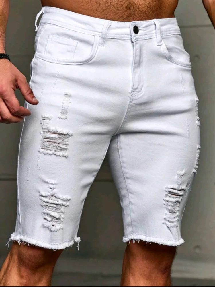 

Summer White Black Ripped Denim Shorts Men Stretch Slim Fit Knee Length Jeans Hip Hop Rock Streetwear Moto Biker Fashion Shorts