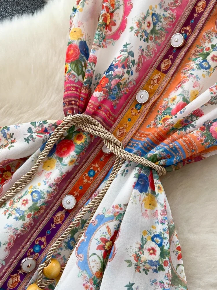 Summer France Elegant Vintage Evening Dress Women Print Pleated Sashes Button Long Party Dress Female Casual Holiday Clothing