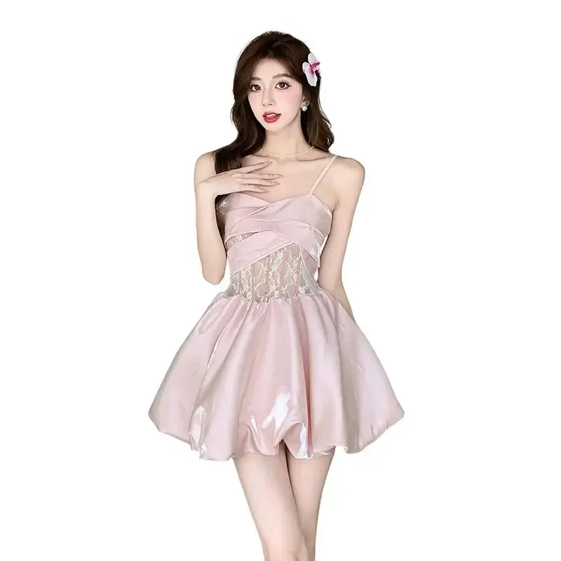 甘いきらめくサテンドレス、きらびやかなスカート、実際のショット、純粋な要求スタイル、高品質のセンス、小さなフォーマルなドレス、夏の新しいモデル