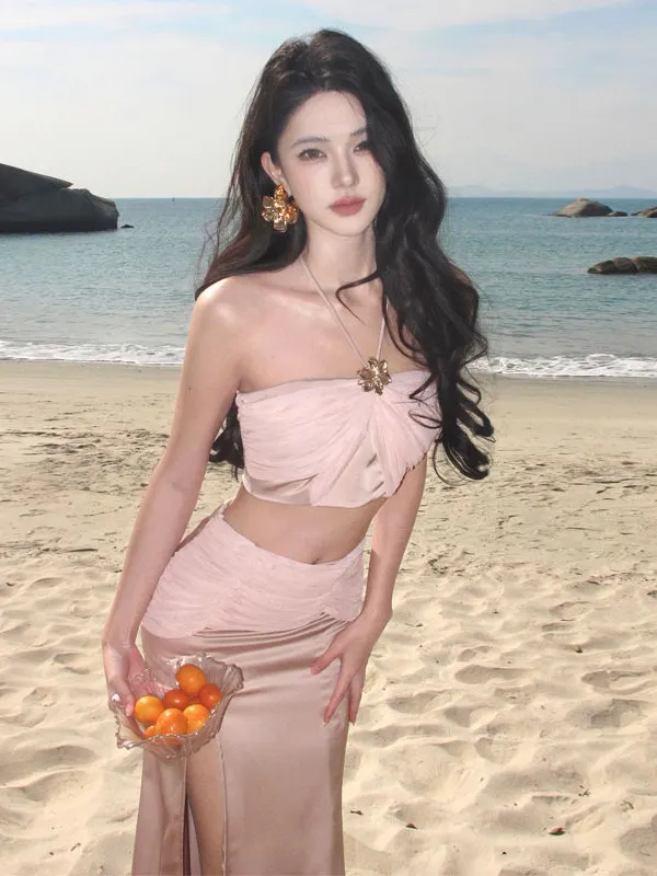 

Beach Vaion Sle ter Top And Skirt Two-Piece Set Sexy Bodycon Dr Summer Faion Outfit for Young Women