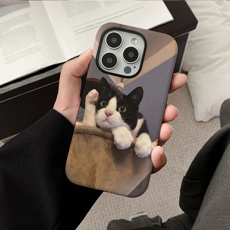 

Cute black and white cat 2-in-1 phone case suitable for iPhone 16, 15, 14, 13 Pro/Max/Plus, anti drop and anti scratch
