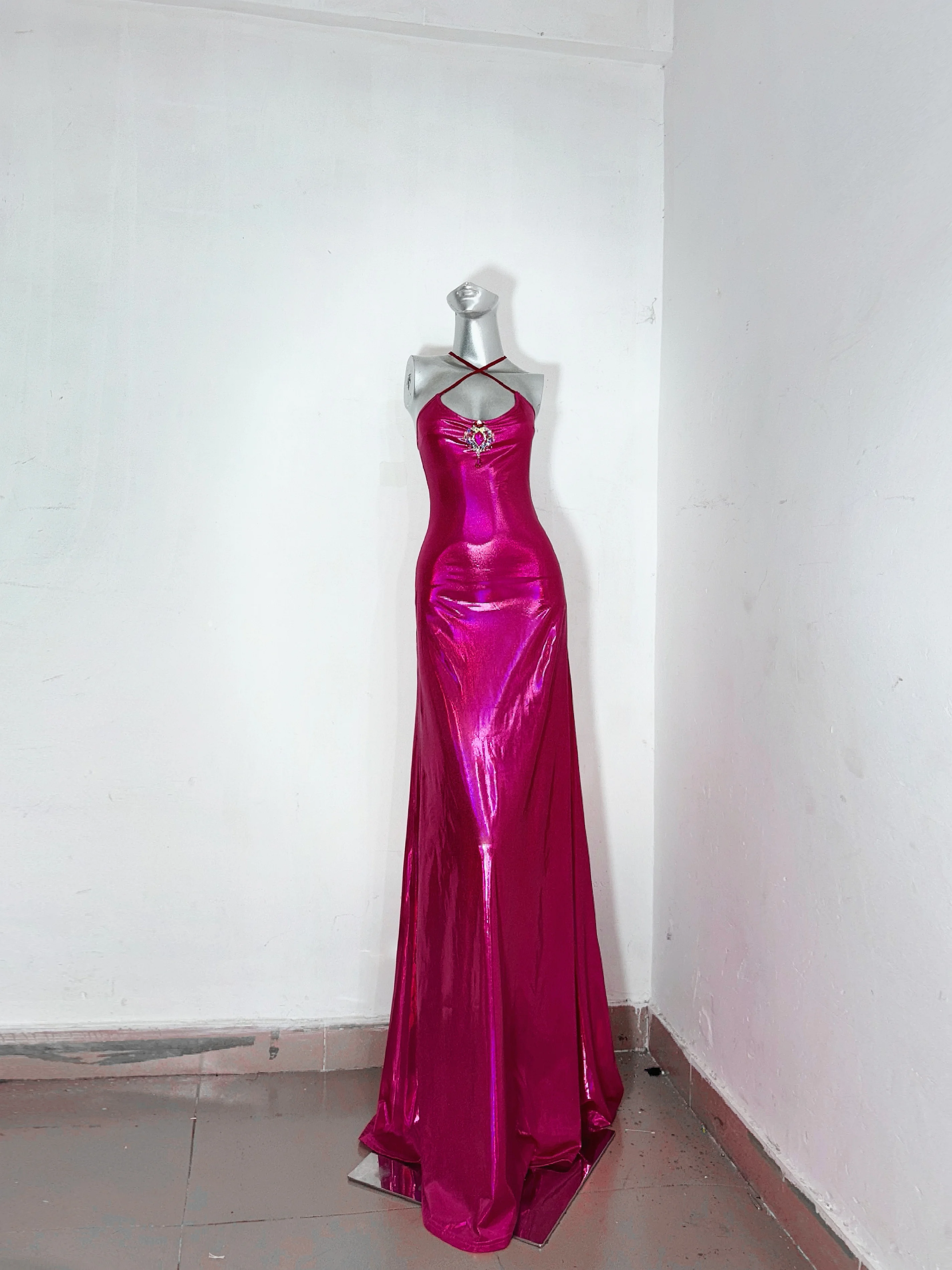 

Niche Designer Style Handmade Retro Spaghetti Straps Dress Formal Swing Long