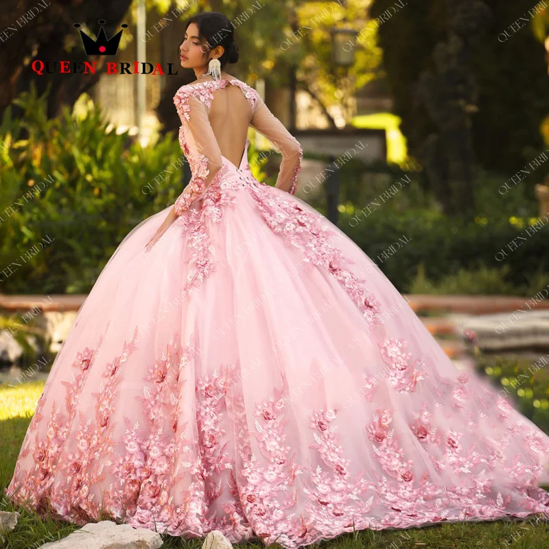 Vestidos de Quinceañera de encaje con lentejuelas elegantes, vestidos de cumpleaños de manga larga con escote Corazón, personalizado, 15 Quinceañera, H66X