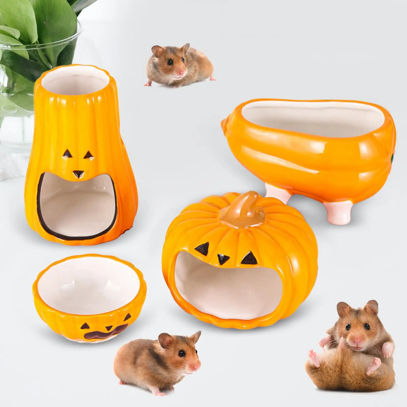 4Pcs Hamster Ceramic Water Dish Hamster House Water Bottle Holder Bathtub Cute Halloween Pumpkin Decorative for Dwarf Hamster