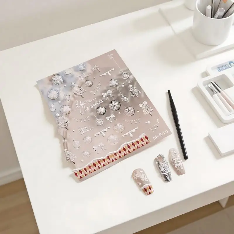 لطيف عيد الميلاد نمط الأبيض شجرة عيد الميلاد ندفة الثلج مسمار الفن ملصقات القوس الأحمر مسمار الفن طباعة تنقش ملصق احتفالي مسمار ديكور