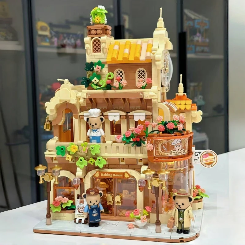 Teddy Street View Building Blocks Coffee House Baking House Minimarket Costruzione Modello di assemblaggio Blocchi di costruzione Giocattoli