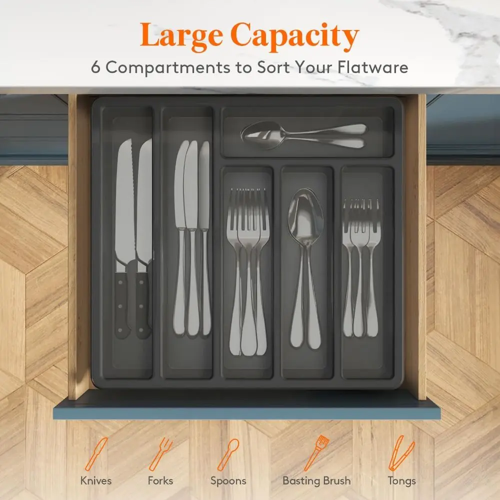 Silverware Organizer with Lid Covered Utensil Tray for Drawer Flatware Storage Box Kitchen Gadgets