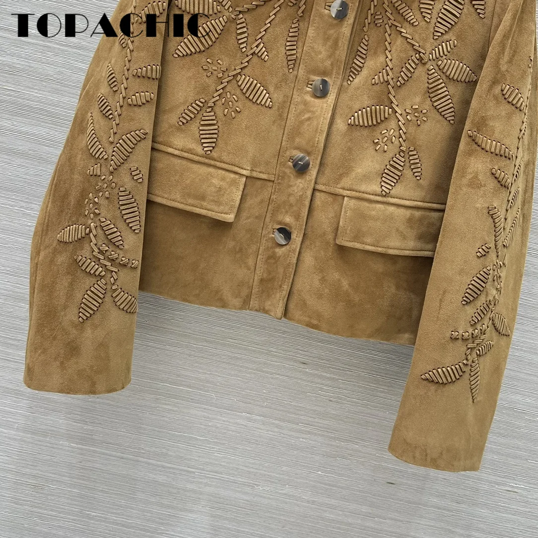 9.9 TOPACHIC-Women Vintage Lapel Genuine Leather Embroidered Jacket Suede Sheepskin Straight All-match Long Sleeve Casual Coat