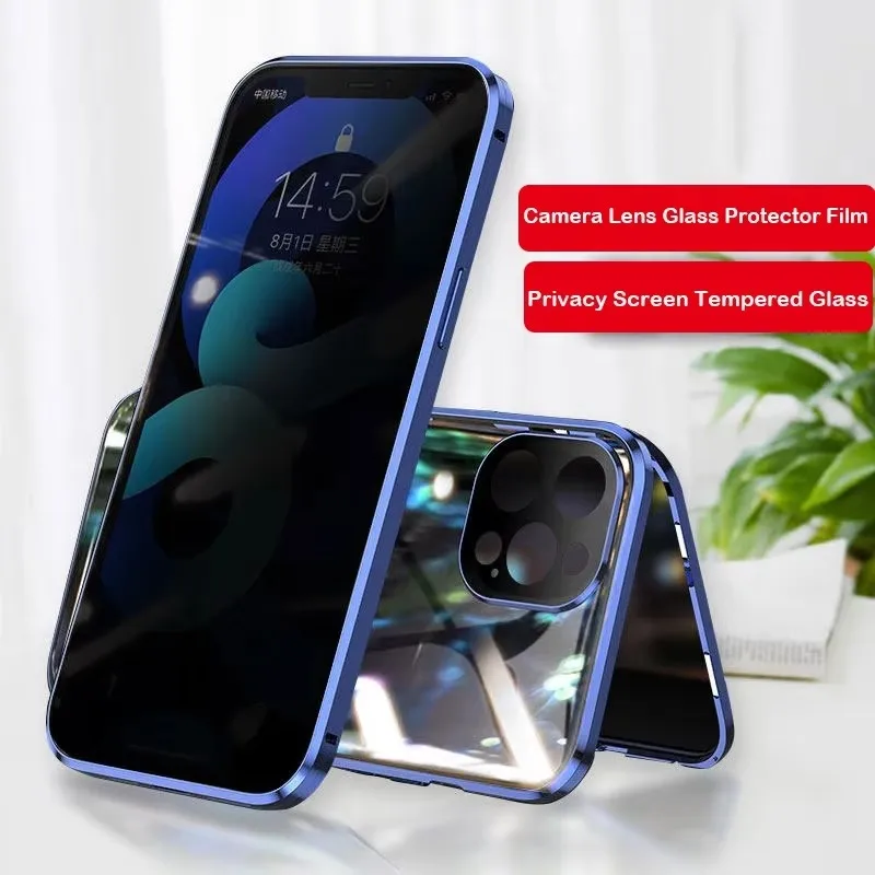 

For iPhone 15 14 Plus 13 12 11 Pro Max Anti-peeping Privacy Glass Metal Bumper Case Full Shockproof Cover Screen Lens Protector