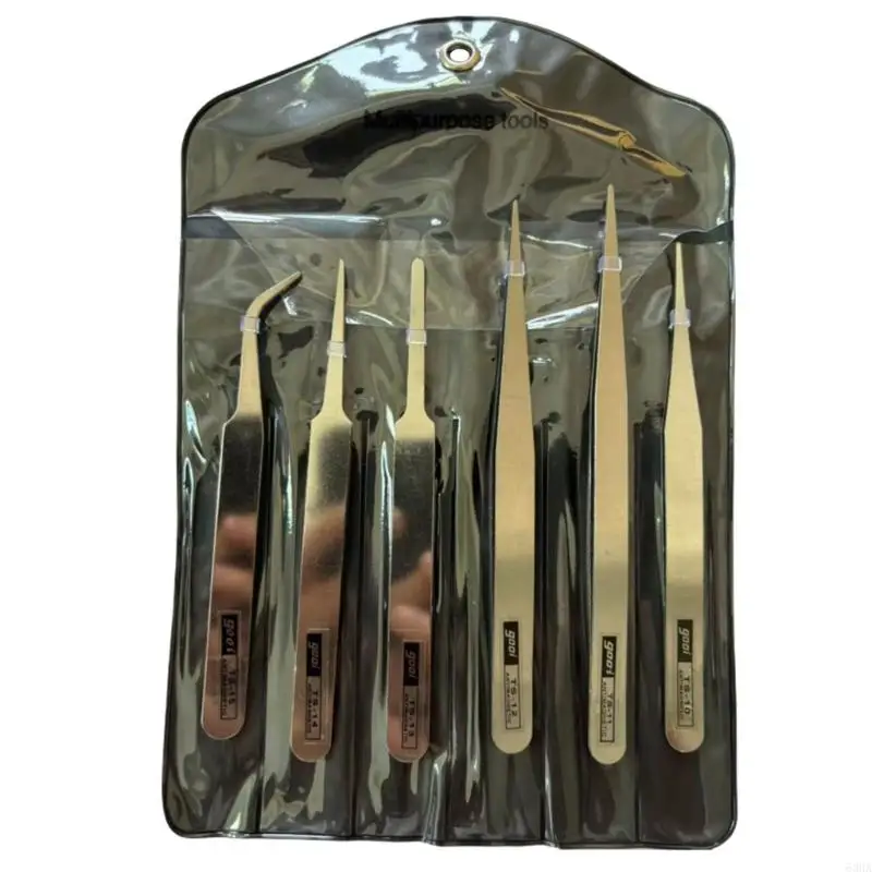 63HA 6Piece Stainless Steel Tweezers Bent Straight Tweezers Set Precise For Electronics, Crafting, And Laboratory Use