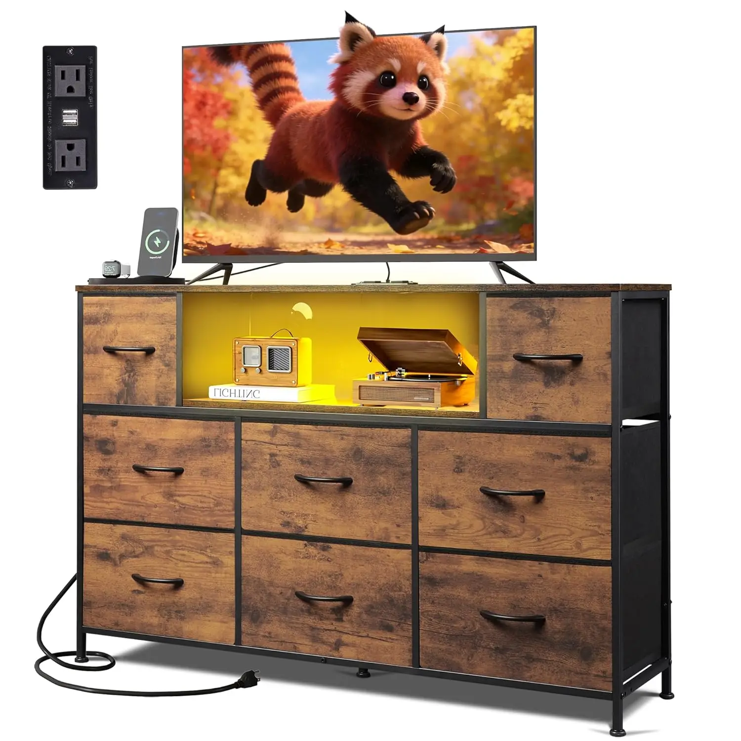 

Brown TV Stand Media Console LED Lights Charging Station 8 Fabric Drawers Open Shelves Living Room Hallway 45-55 inch, Custom
