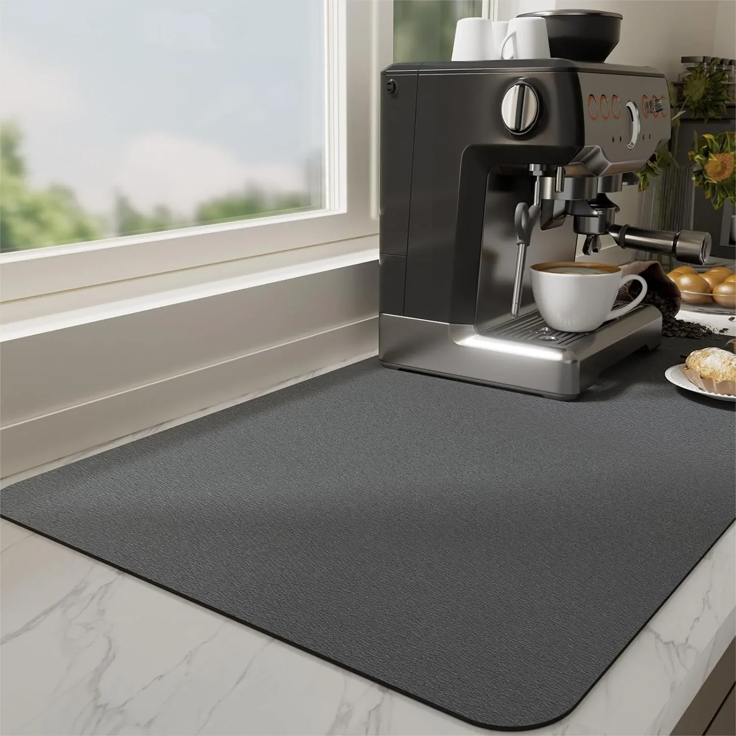 Absorbent Coffee Mat with PU Leather Surface, Non-Slip Natural Rubber Backing, Quick Dry for Espresso Machine, Kitchen Counter