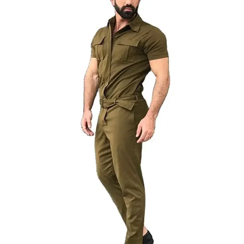 LIBIELIY Summer New Style Men's Short Sleeve Jumpsuit Lapel Slim Fit Hip Hop Overalls Joggers Streetwear Casual Cargo 4 Color Pa