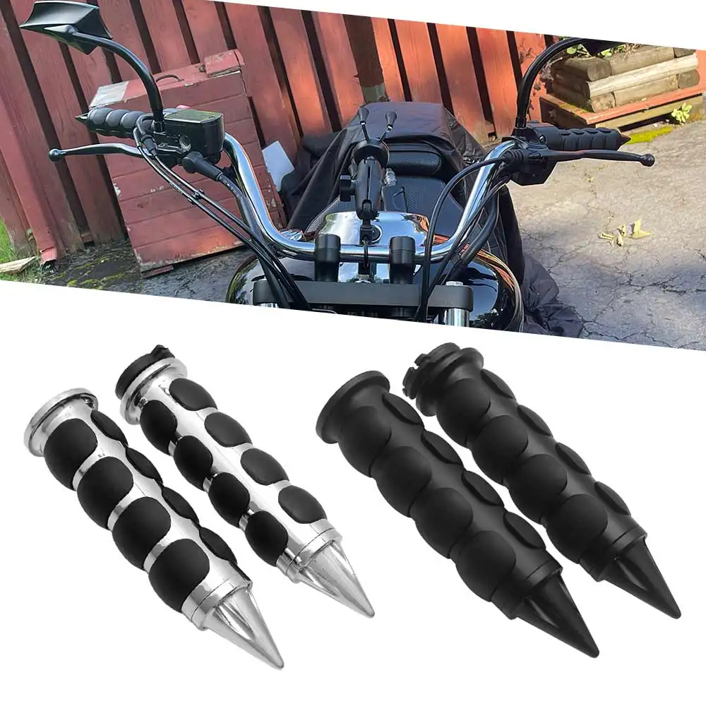 Left&Right Handlebar Grips For Harley Davidson 1982-2024 Billet Aluminum/Rubber Chrome/Black Spike Style Non Slip Comfort Grips