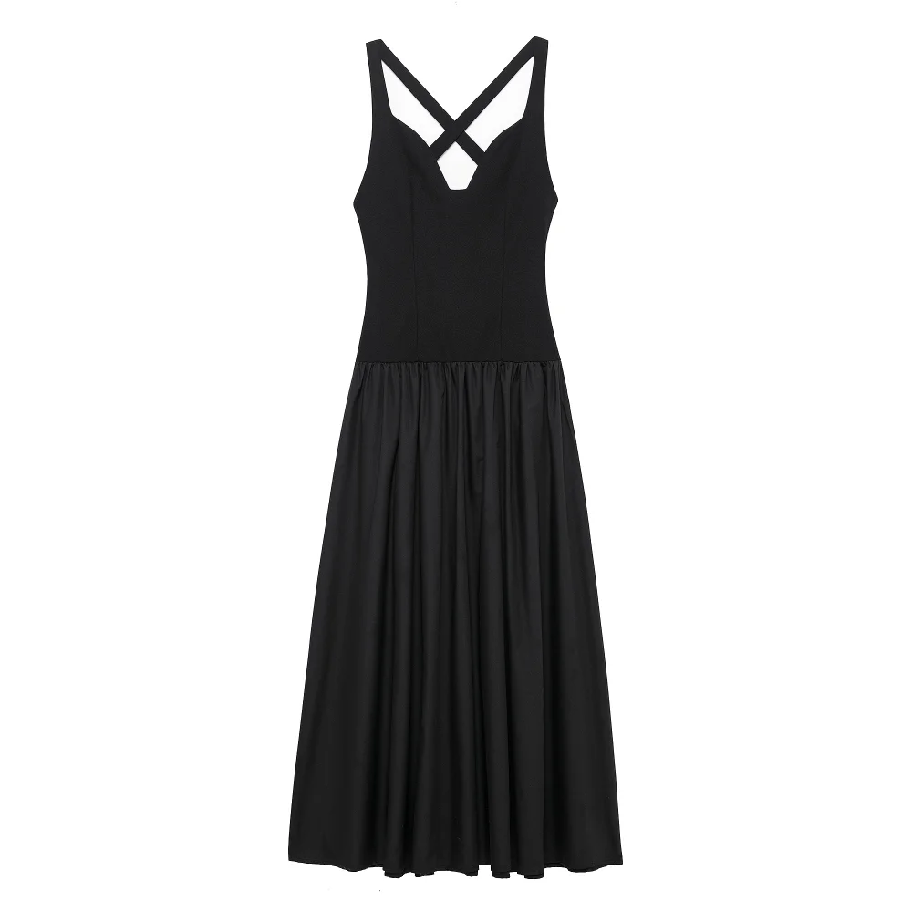 

2025 BM&MD&ZA Women's Black Sleeveless Midi Dress with Cross - back Detail and Pleated Skirt for a Stylish Look