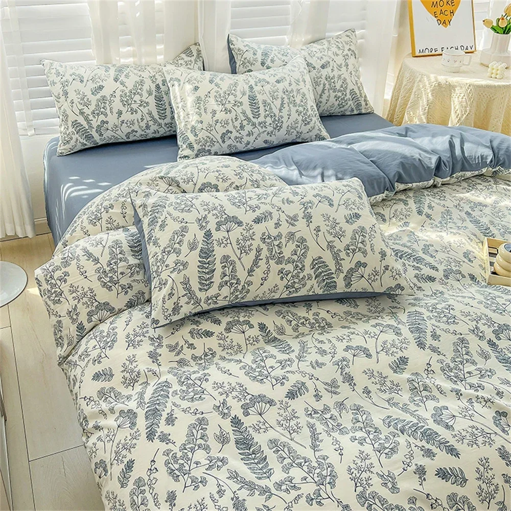 Water Washed Cotton Bedding Set Duvet Cover Bed Sheet Pillowcase Printed Four Piece Set Quilt Cover Bedroom Bed Sets King Size