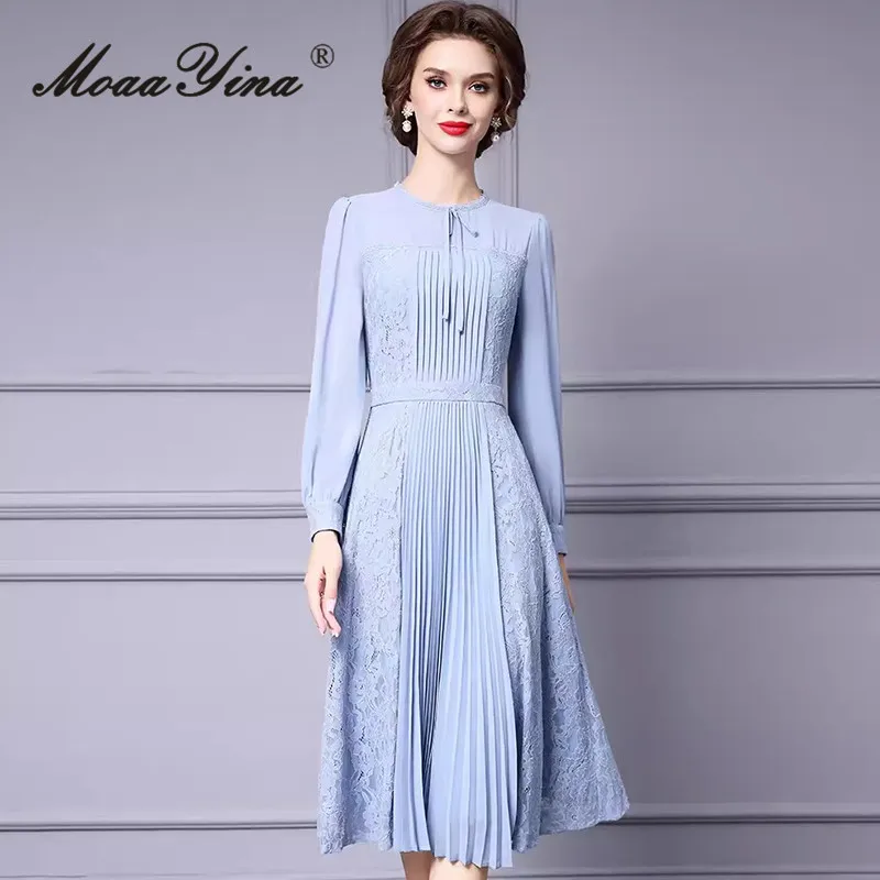 MoaaYina Autumn Winter Women\'s Dress Long-Sleeved Chic Lace Splicing High Waiste High Waiste Vintage Temperament Dresse