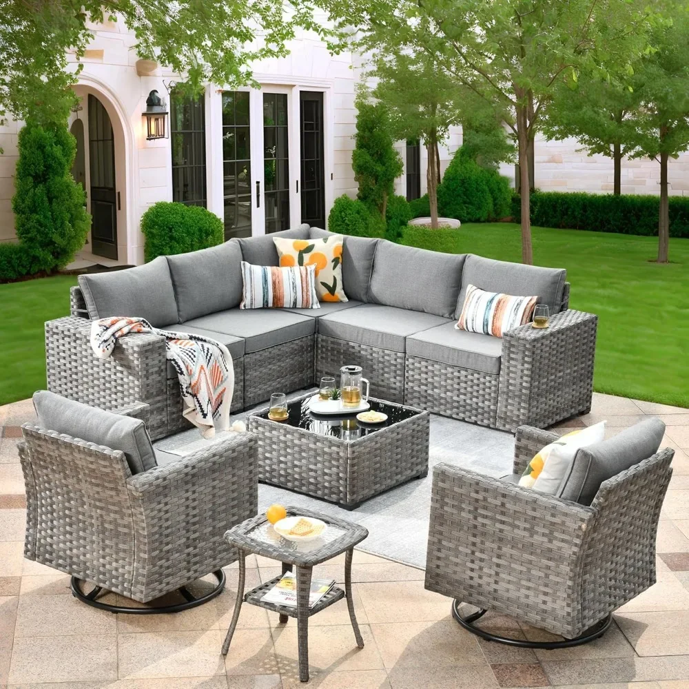 

Patio Furniture Set 9 Pieces, Sofa with Swivel Rocking Chairs, Wide Arms and Deep Seat,Wicker Rattan Outdoor Sectional Sofa