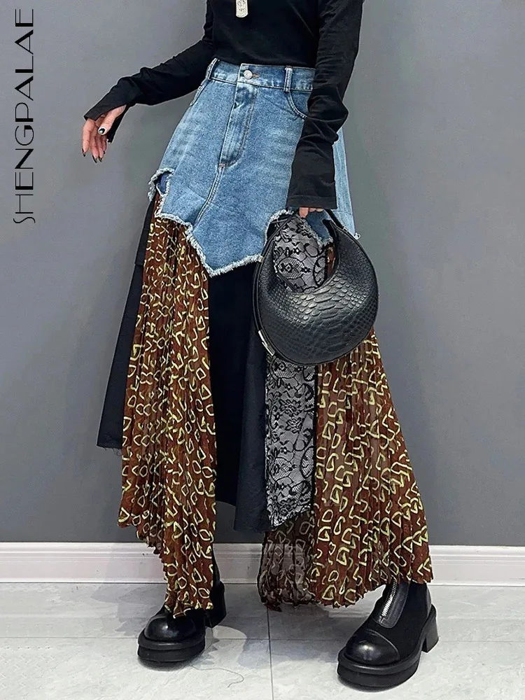 SHENGPALAE Denim Patchwork Skirt For Women Irregular Design Contrast Color A-line Ankle Length Skirts Spring 2024 New Tide R9378