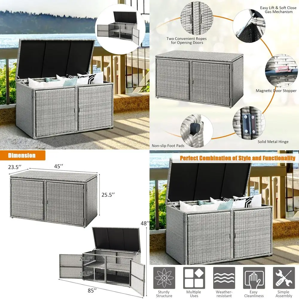 

Outdoor Patio Pool Storage Box, Rattan Wicker Bin Cabinet, Steel Frame, Garden Balcony Porch Furniture, Tools Storage