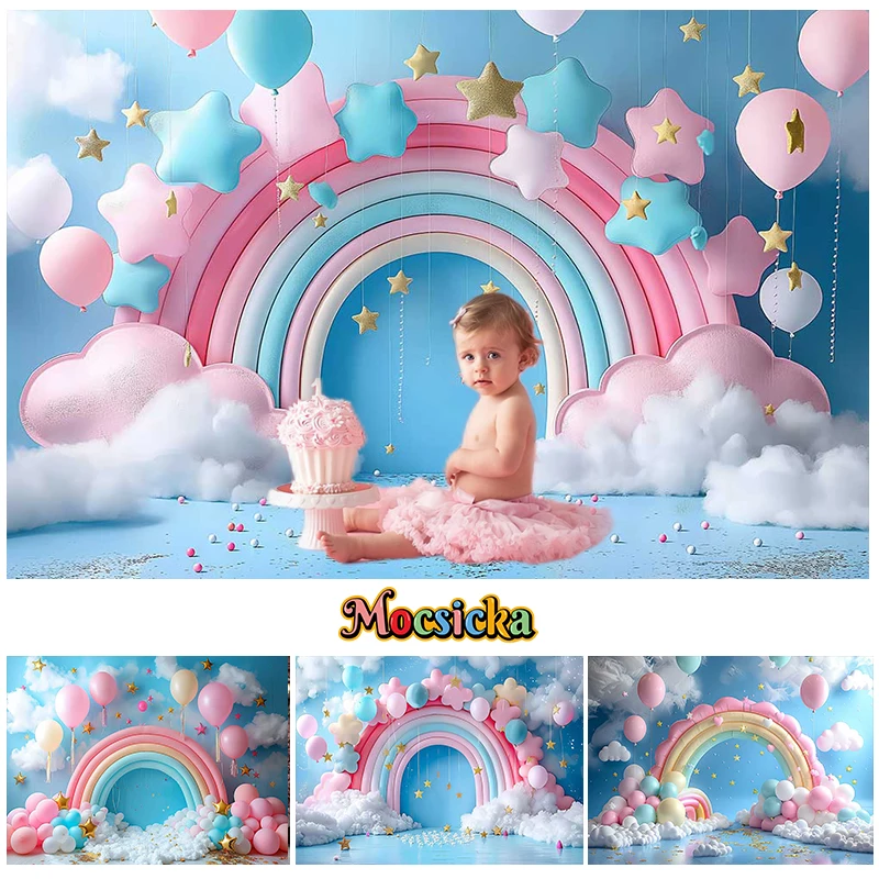 

Mocsicka Photography Background Arch Rainbow Balloon Clouds Decor Cake Smash Kids Birthday Party Portrait Backdrop Photo Studio