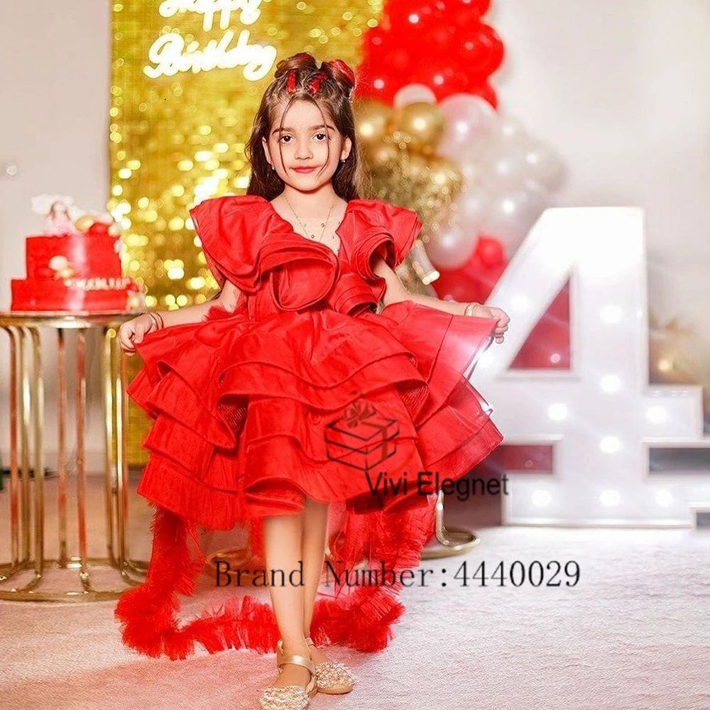 Red Flower Girl Dresses 2023 Summer Sleeveless Tiered Wedding Party Gowns with Ruffy Knee Length فساتين اطفال للعيد New