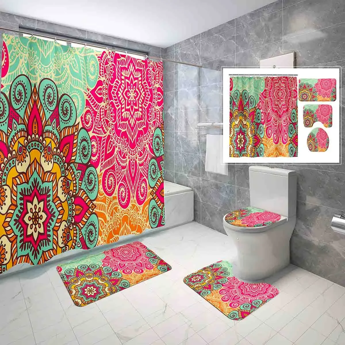 4 Pcs Paisley Flower Shower Curtain Sets Doodle Floral Patterns Art Non-Slip Bath Mat Toilet Cover Waterproof Shower Curtain Set