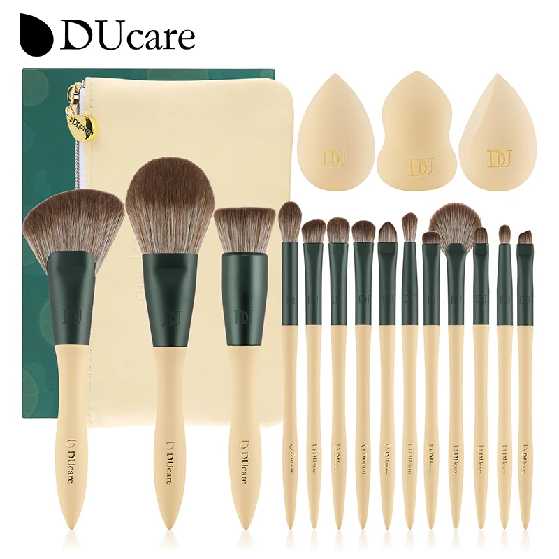 DUcare Makeup Brush Set 14Pcs with 3Pcs Makeup Spong & Cosmetic Bag - Professional Kabuki Foundation Blending Eyeshadow Brushes