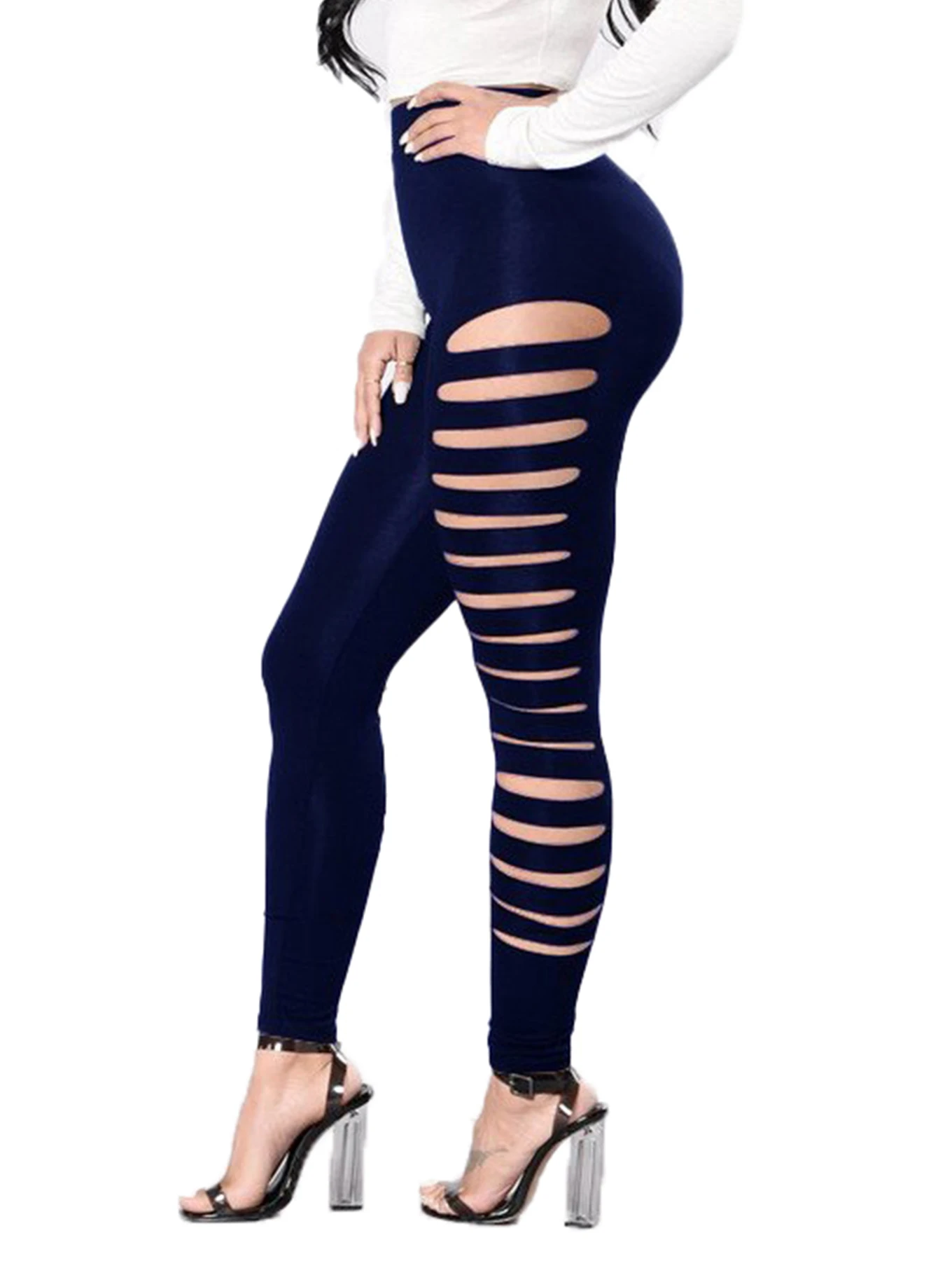 New Spring And Autumn Women Fashion Navy Blue Side Hole Nine-quarter Pants Tight Leggings Women Elastic Side Hole Leggings