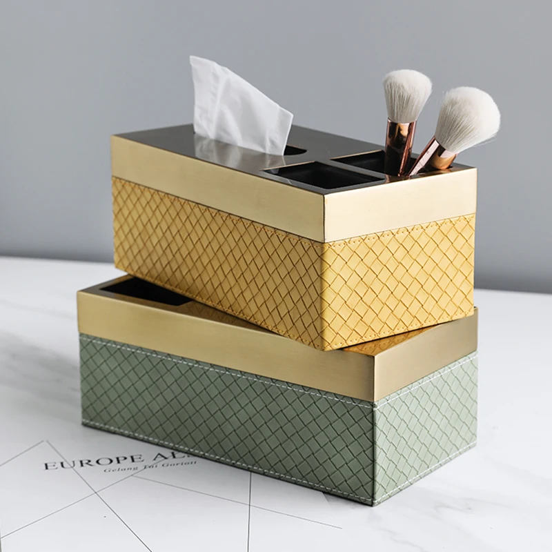 Leather Tissue Box Rectangular Grid Jewelry and Cosmetics Remote Control Storage High-end Desktop Plaid