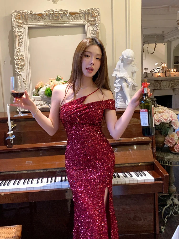 

Ele Long Red Fi Tail Evening Gown Sparkling Sequins Slimming Fit Birthday Par Ball Dr Queenly Split Autumn Winter