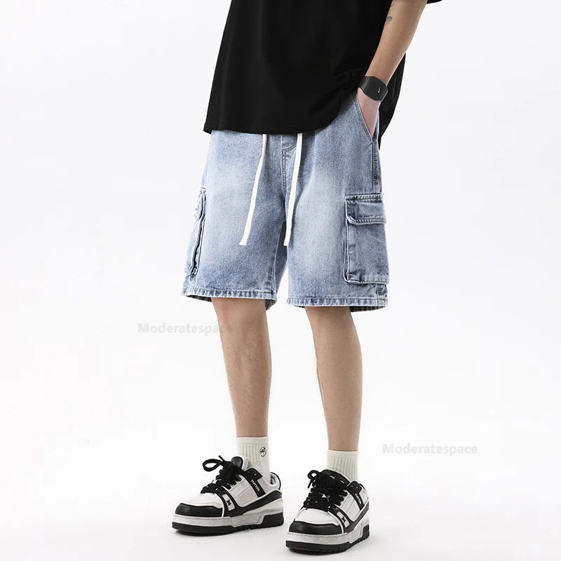 Summer Cargo Jeans Men Pockets Denim Shorts Elastic Waist Loose Straight High Street Wide Knee-length Short Pants