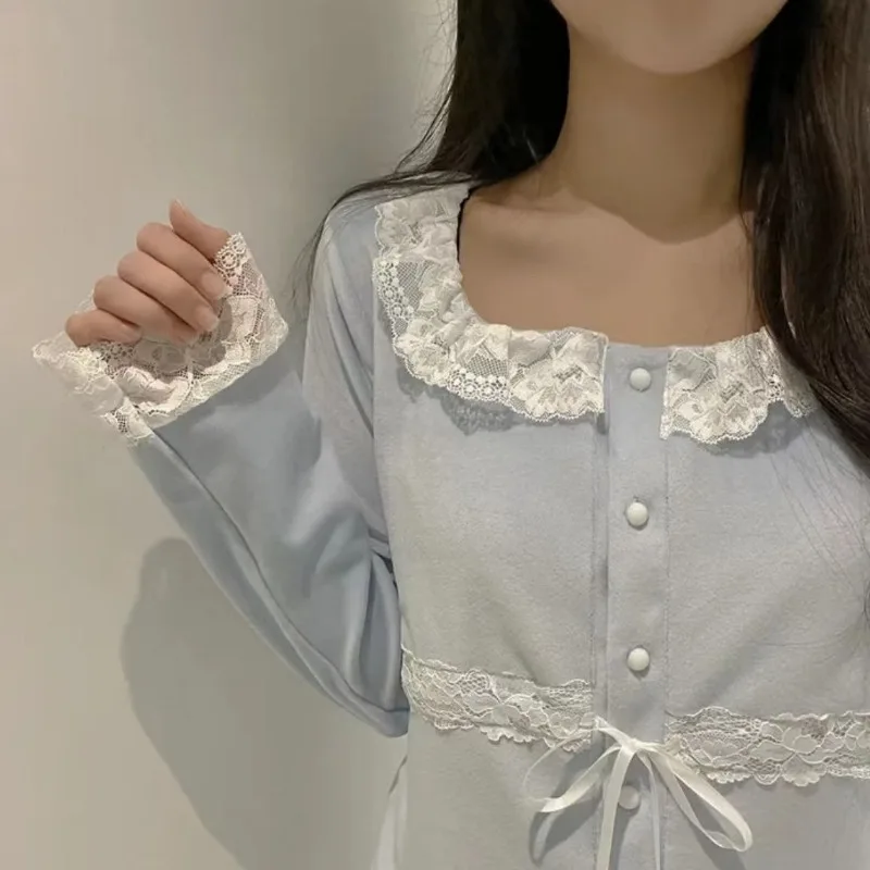 

Женская весенне-летняя тонкая милая короткая плюшевая домашняя одежда принцессы с длинными рукавами и накладкой на грудь, пижамы премиум-класса из французского кружева