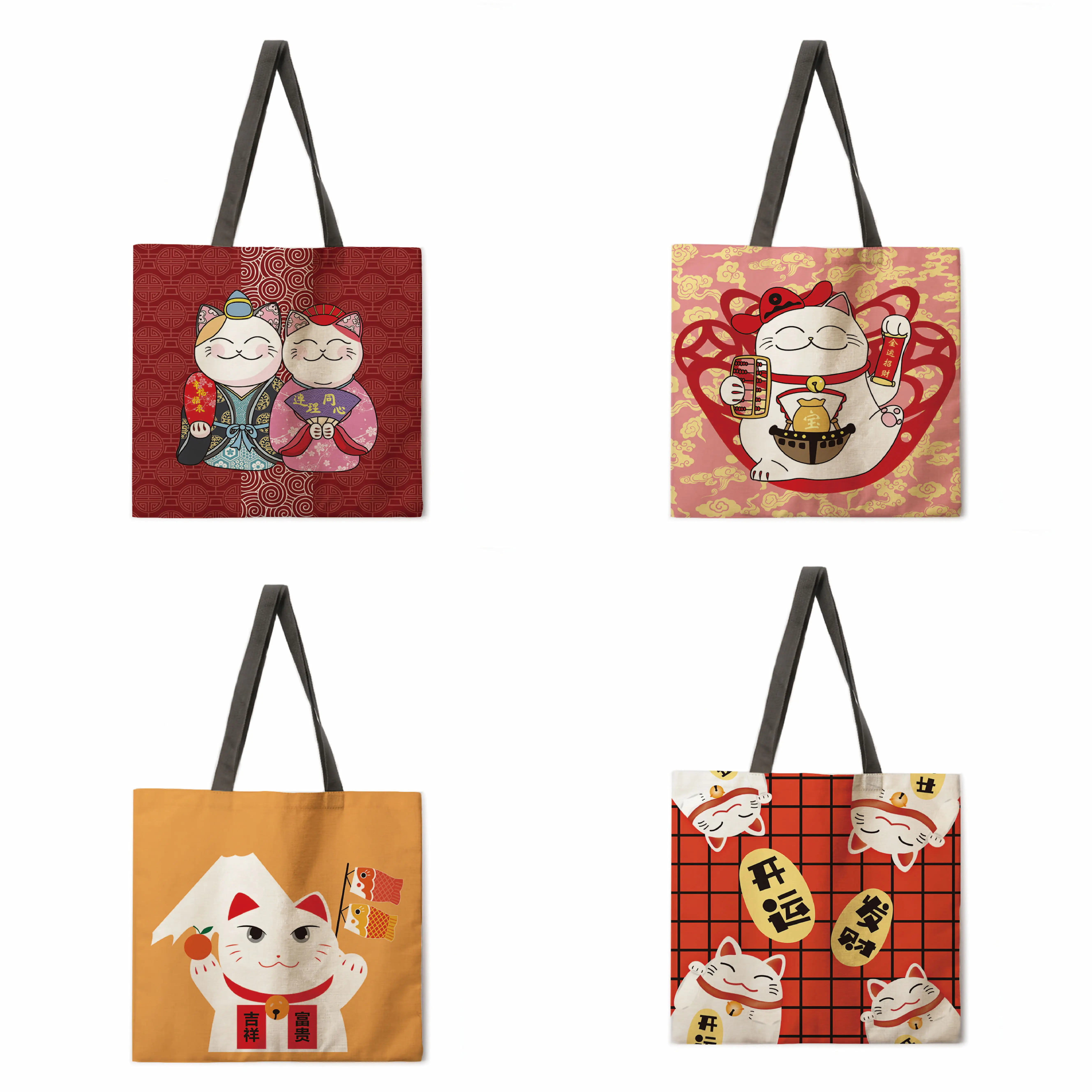 

Japanese style Lucky Cat Linen Bag Handbag Lightweight Shoulder Bag Large Capacity Eco friendly Shopping Bag Handbag