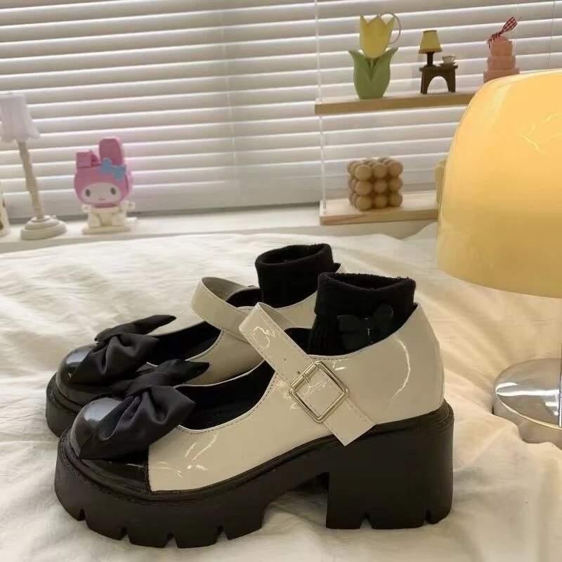 

Color Contrast Bow Chunky Heel Platform Mary Jane Women's Spring and Autumn Fashion 2025 New Leather Shoes for Women