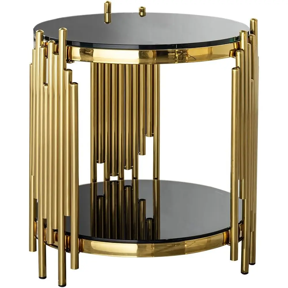

17.72" Round Soa Side Table, 2-Tier Black Tempered Glass End Table with Gold StainlSteel e or Living Room, Oice & Caé