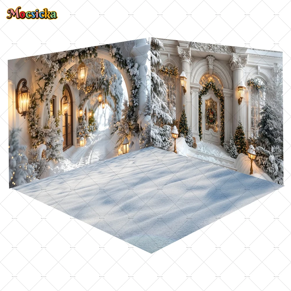 Winter Christmas Background Photography Vintage White Floral Archway Hallway Backdrop Winter Snow Decor Kids Family Photo Studio