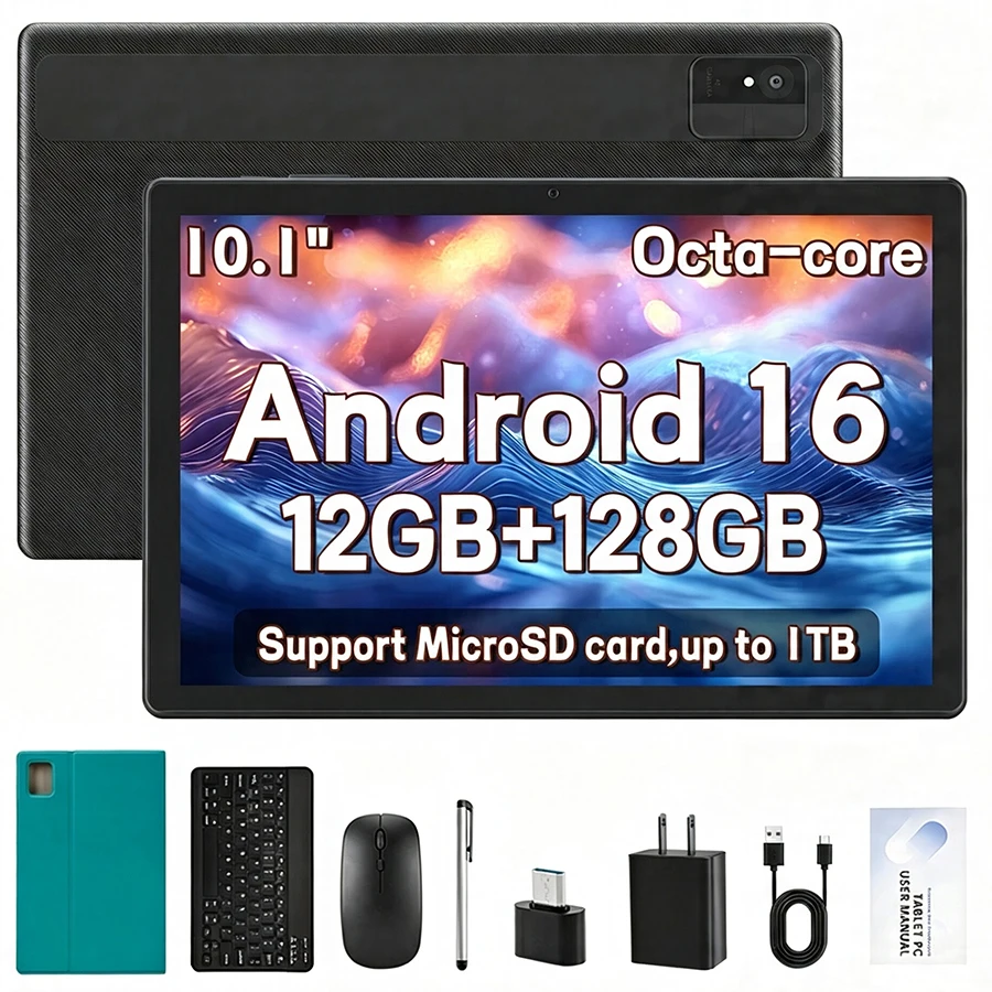 2026 Android 16 Tablet 10.1 Inch Octa Core 12GB RAM 128GB ROM 1TB Expand 5000mAh Battery Dual Camera,HD IPS,Wifi,Gift For Child