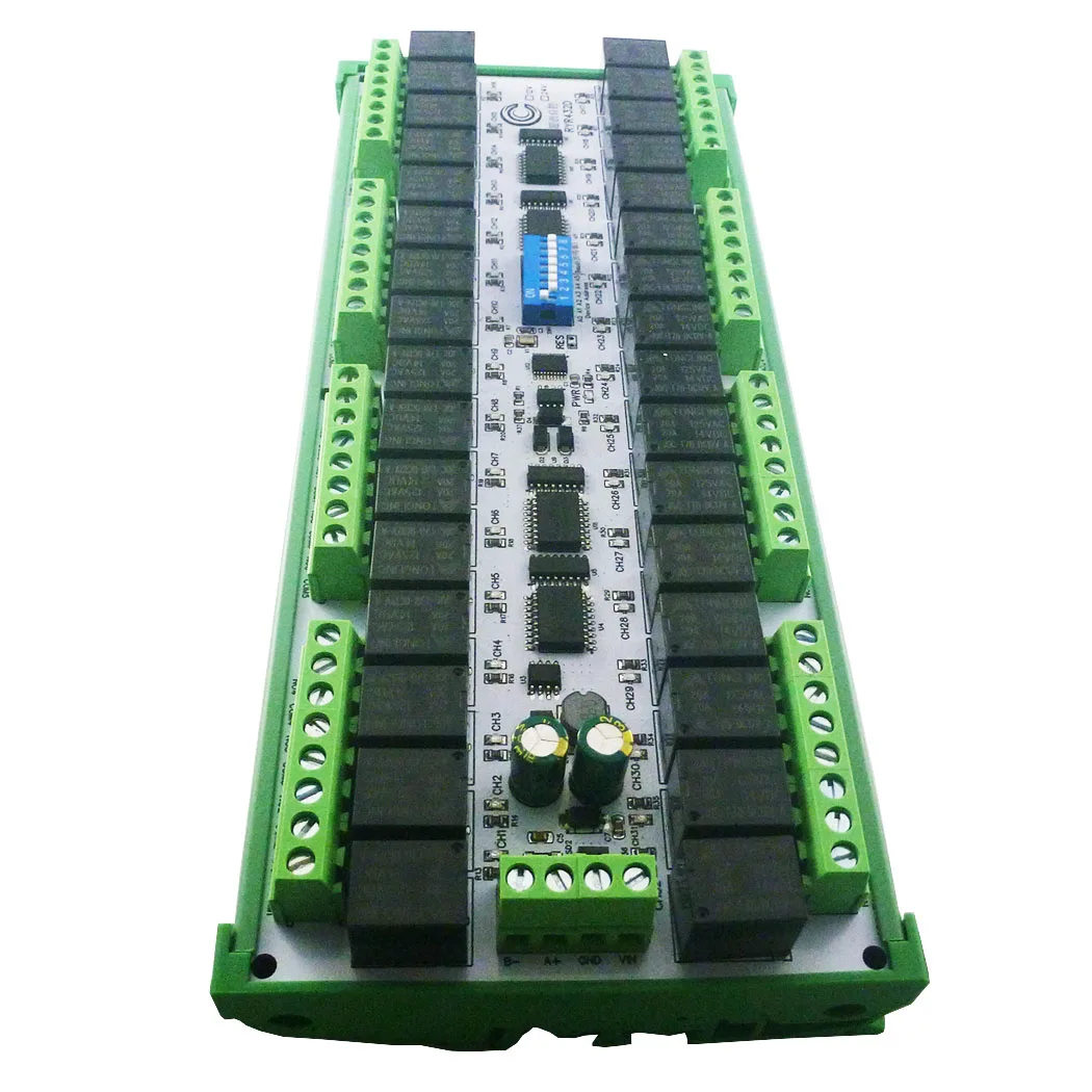 Easy to Install DIN Rail Box DIP Switch Setup Parameters DC 12V 24V 20A 32CH Modbus RTU RS485 Relay Module RYR432D