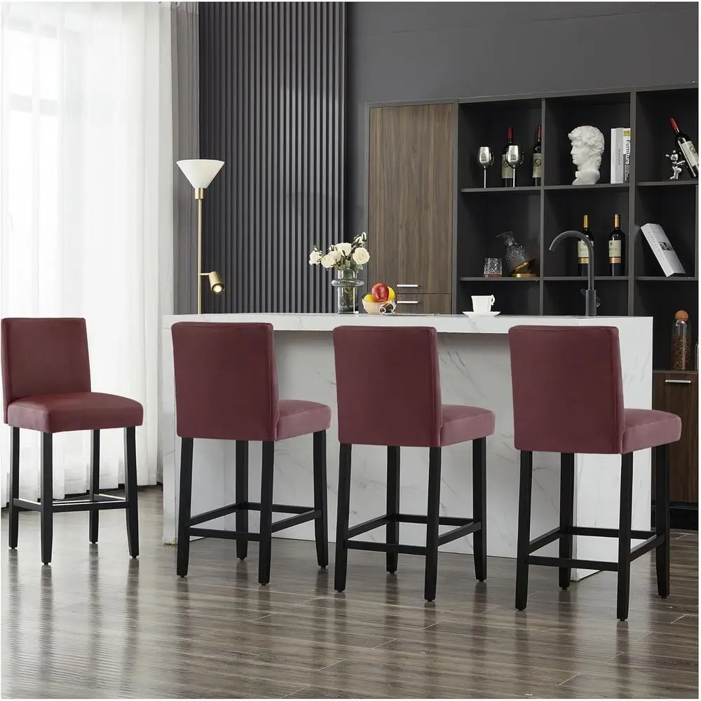 

Set of 4 Red Leather Upholstered Bar Stools with Backrest, Solid Wood Legs for Kitchen Island or Bar Area