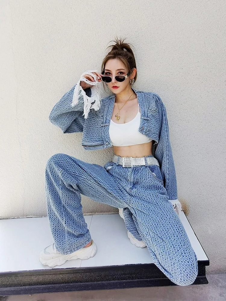 2023 Autumn New Pants Suits Women Long Tassel Sleeve Single Button Denim Short Jacket High Waist Full Jeans Two Piece Set Women