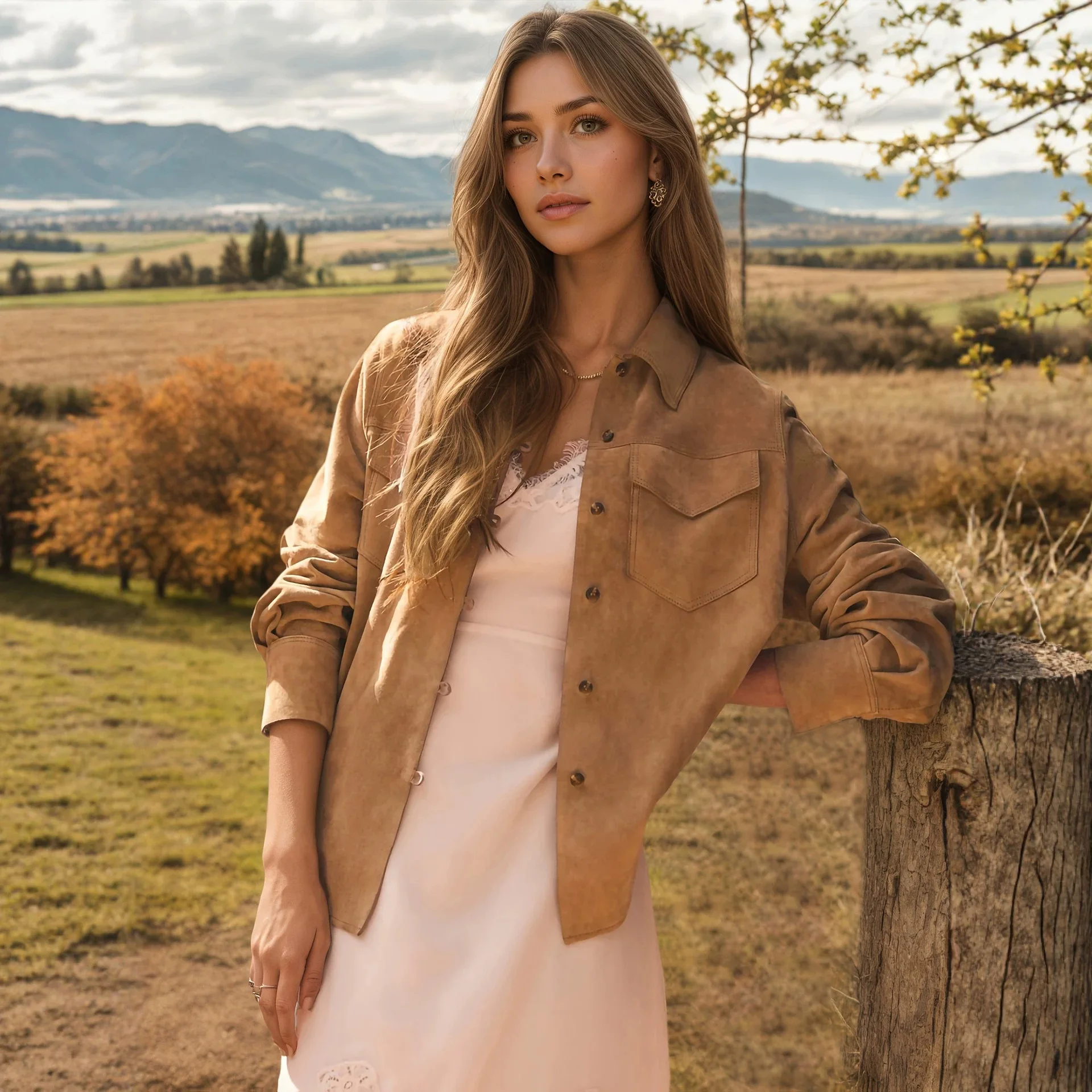 Early Autumn. Jacket With A Turn-down Necklace And Multiple Pockets, Loose-fitting Random And Stiglich Suede Coat For Women.