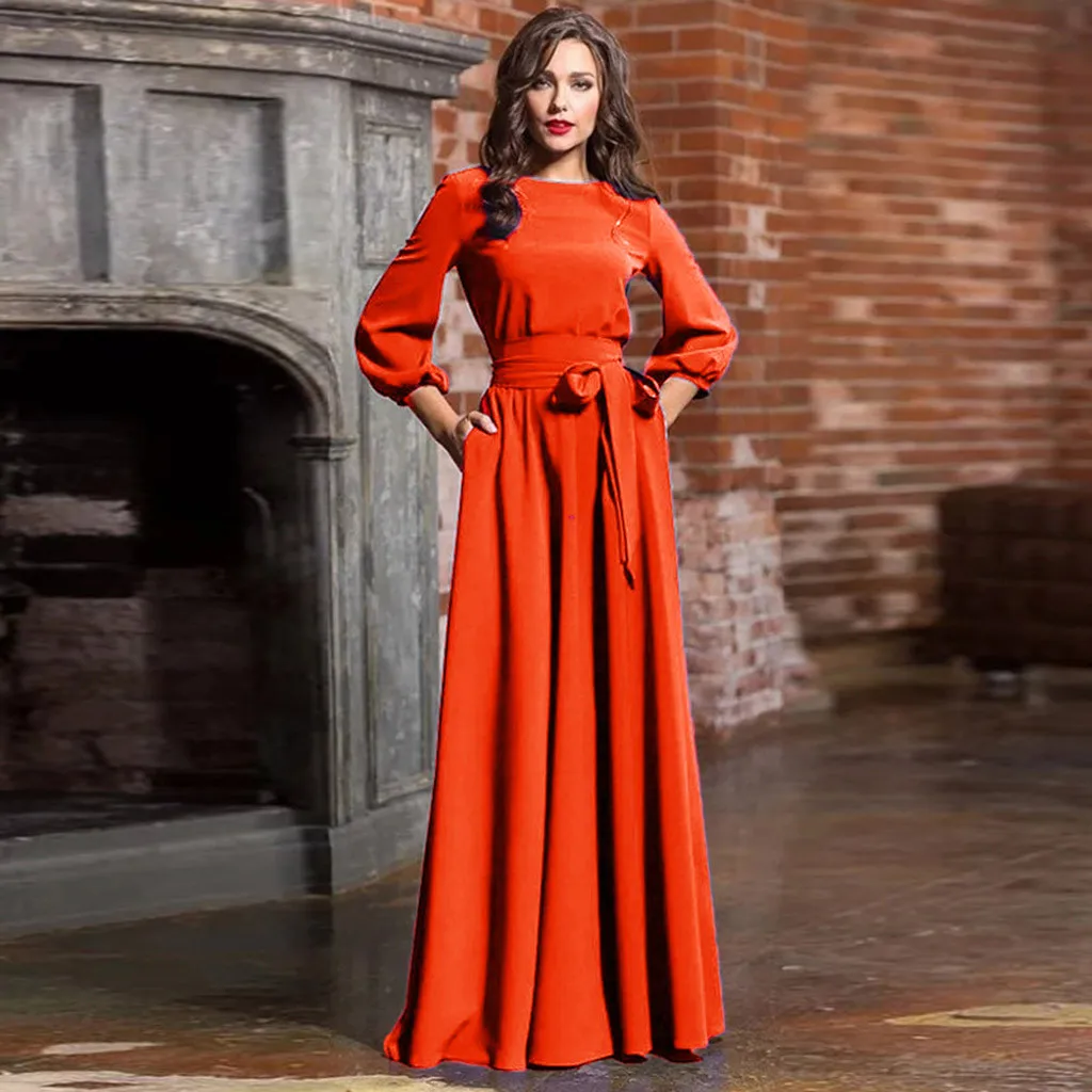 Dresses For Women 2024 Long Sleeve Crew Neck Solid Color Lantern Sleeve Long Dresses With Belt Formal Elegant Party Dresses